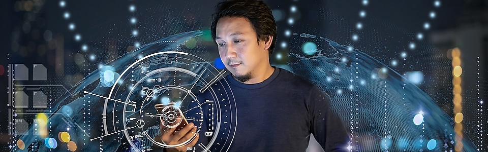 Men using phone with particles of visual screen and icons over the area and background.
