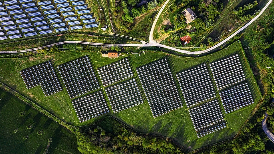 Solar energy station in countryside aerial view