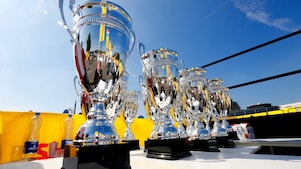A collection of trophies at the Shell Eco-Marathon.