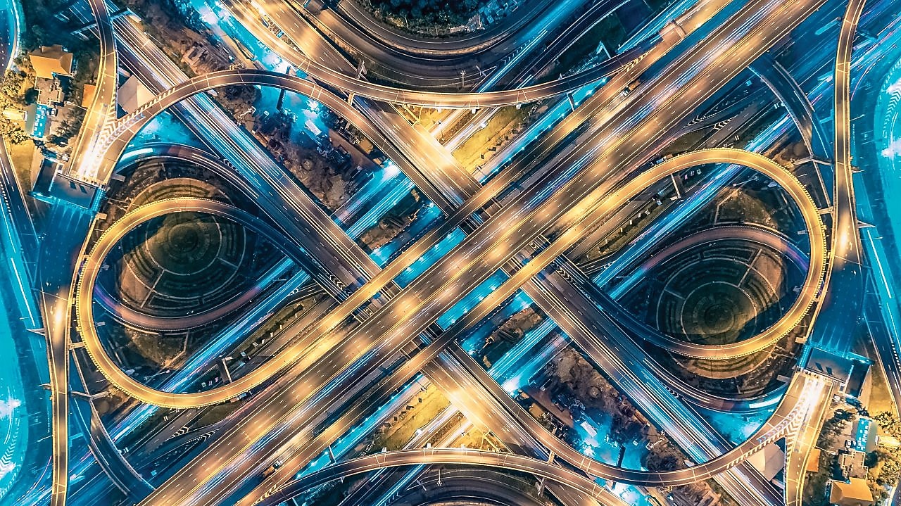 busy intersection timelapse aerial view hr
