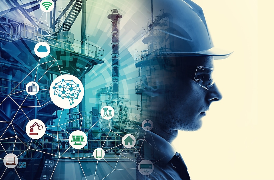 Man in hard hat and industrial background image with icons symbolising technology