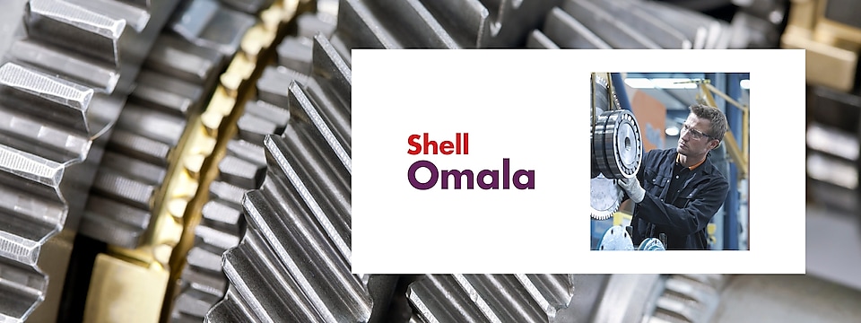 Gear with a man checking a gear and the Shell Omala logo over it