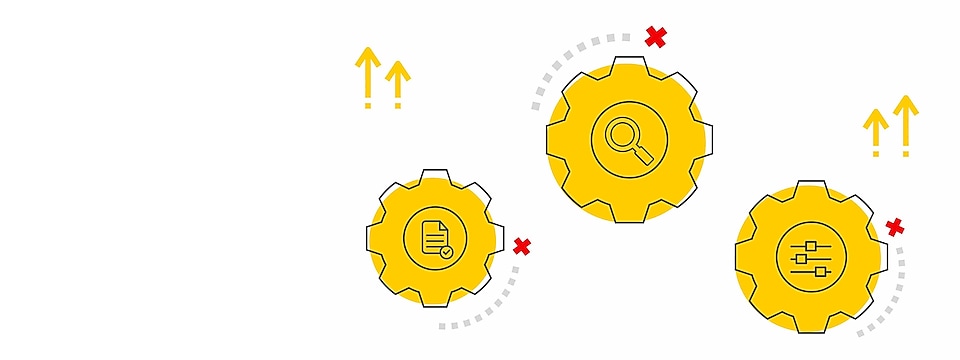 Illustration of three cogs each with a different maintenance related icons inside