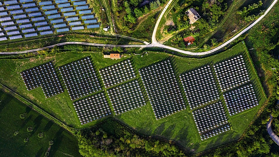 Solar energy station in countryside aerial view