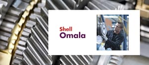 Gear with a man checking a gear and the Shell Omala logo over it