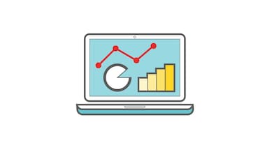 Icon showing graphs and data on laptop screen.