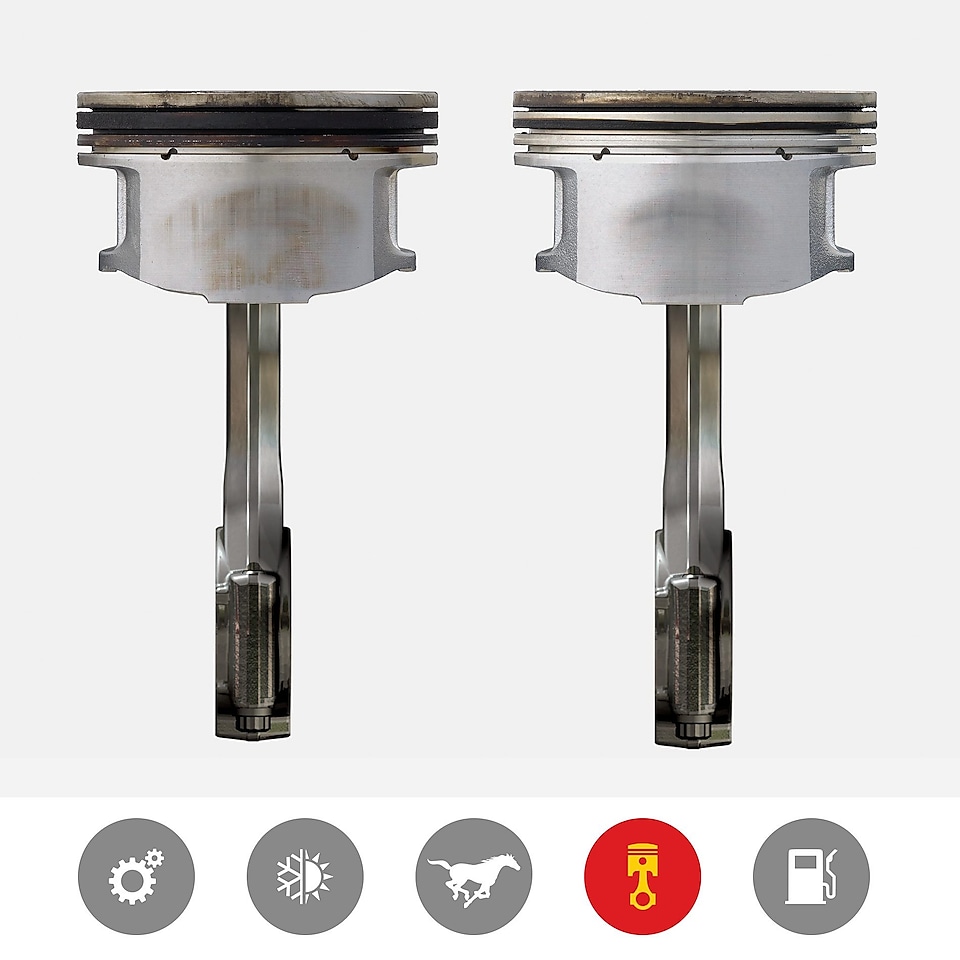  An image of a dirty piston next to a clean piston to demonstrate the superior piston cleanliness product benefit of Shell Helix Ultra